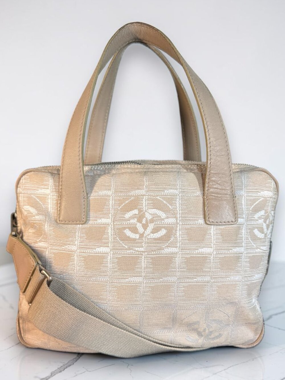 Chanel Vintage Beige Silver CC New Travel Line Bowler Crossbody Satchel with COA